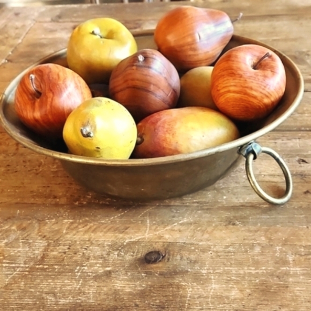 Rare Late-18th Century c.1780 English Georgian Brass Bowl w Ring Handles & Fruit